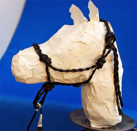 RopeHalter1 Braided horse hair tied into a rope halter with fiador knot and lead rope.